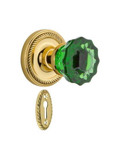 Rope Rosette Mortise Lock Set with Colored Fluted Crystal Glass Knobs Emerald in Polished Brass.